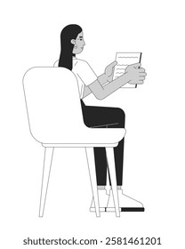 Sitting chair middle eastern female employee holding notes black and white 2D line character. Intern young adult arab woman paperwork isolated vector outline person. Monochromatic spot illustration