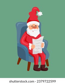 Sitting in a chair Santa Claus is reading a letter. Vector illustration isolated on background.