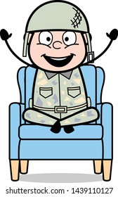 Sitting and Cheering - Cute Army Man Cartoon Soldier Vector Illustration