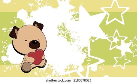  sitting chibi baby pug dog character cartoon holding love red heart, background illustration in vector format