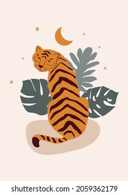 Sitting chinese tiger in boho asian style. Minimalistic scene. Modern cartoon flat tiger print. Stock vector illustration.