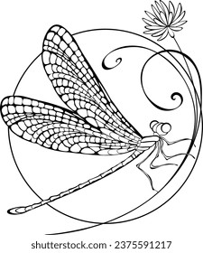 Sitting in circle on thin wild flower, artistically drawn, contoured dragonfly with detailed wings on white background. Decoration.