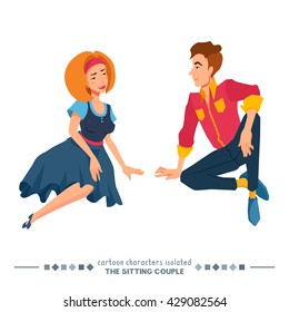 Sitting couple cartoon flat style illustration. Romantic date, in love people. Young male and female sitting on the floor. Lovers looking at each other. Man and woman isolated on white background.