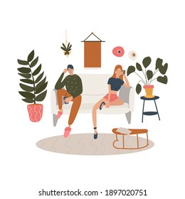 Sitting couple in a living room decorated with plants and home furniture. Business or family relationship. The regular or unhappy situation in friendship. Vector cartoon colored flat illustration.