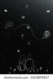 Sitting couple looking at the stars love relationship