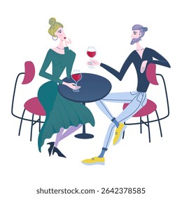 Sentados, homens e mulheres bebendo vinho tinto juntos. Pessoas comemorando no restaurante. Encontros românticos. Impressão moderna. Ilustração de vetor de design plano desenhado à mão.
