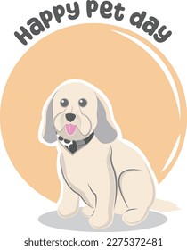 a sitting cream colored dog, pet day theme on yellow background