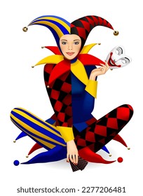 Sitting cross-legged girl dressed in a colorful Joker costume with his mask and playing cards in her hands isolated on white. Three Dimensional stylized drawing. Vector illustration