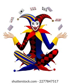 Sitting cross-legged Joker juggles with playing cards isolated on white. Three dimensional stylized drawing. Vector illustration