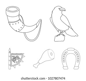 Sitting crow, horn with drink, ham, victory flag. Vikings set collection icons in outline style vector symbol stock illustration web.