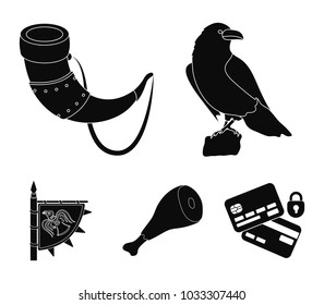 Sitting crow, horn with drink, ham, victory flag. Vikings set collection icons in black style vector symbol stock illustration web.