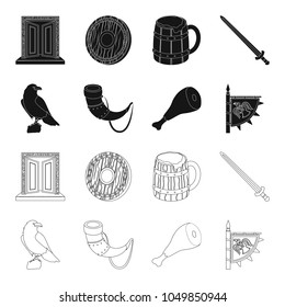 Sitting crow, horn with drink, ham, victory flag. Vikings set collection icons in black,outline style vector symbol stock illustration web.