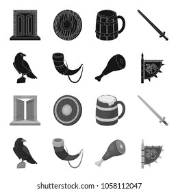 Sitting crow, horn with drink, ham, victory flag. Vikings set collection icons in black,monochrome style vector symbol stock illustration web.