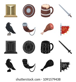 Sitting crow, horn with drink, ham, victory flag. Vikings set collection icons in black,cartoon style vector symbol stock illustration web.