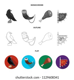 Sitting crow, horn with drink, ham, victory flag. Vikings set collection icons in flat,outline,monochrome style vector symbol stock illustration web.