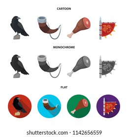 Sitting crow, horn with drink, ham, victory flag. Vikings set collection icons in cartoon,flat,monochrome style vector symbol stock illustration web.