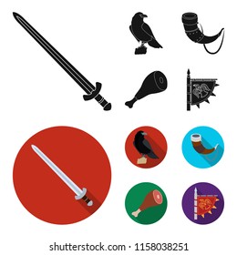 Sitting crow, horn with drink, ham, victory flag. Vikings set collection icons in black,flat style vector symbol stock illustration web.