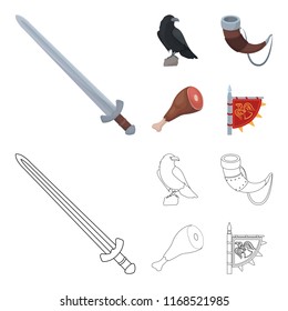 Sitting crow, horn with drink, ham, victory flag. Vikings set collection icons in cartoon,outline style vector symbol stock illustration web.