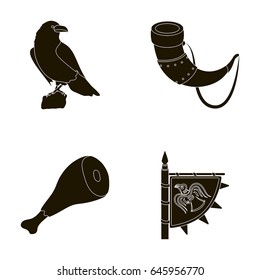 Sitting crow, horn with drink, ham, victory flag. Vikings set collection icons in black style vector symbol stock illustration web.