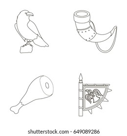 Sitting crow, horn with drink, ham, victory flag. Vikings set collection icons in outline style vector symbol stock illustration web.
