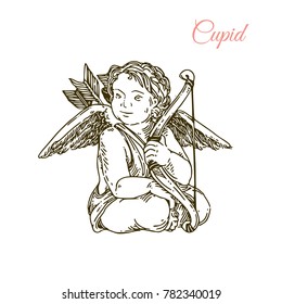 Sitting Cupid holding a bow. Vintage. Engraving style. Vector ilustration.