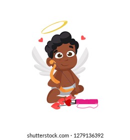 Sitting cupid illustration. Kid, angel, quiver, arrows. Saint Valentines Day concept. Vector illustration can be used for topics like romantic, love, celebration, greeting card 