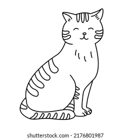 Sitting cute  cat  in doodle style.  Hand drawn vector illustration. Isolated black outline. 