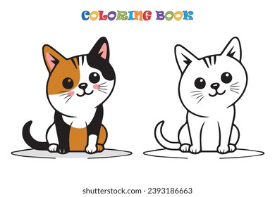 Sitting cute cat with smile. Coloring book. Cartoon vector illustration