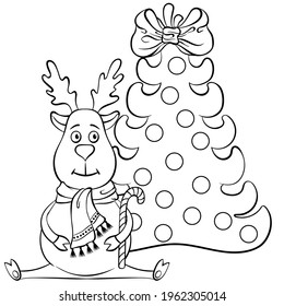Sitting cute Christmas deer with candy staff in a scarf near the christmas tree. Animal cartoon character. Vector hand drawn illustration in line art style isolated. For coloring book page, postcards