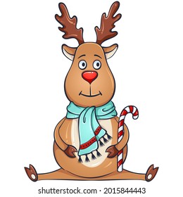 Sitting cute Christmas deer with candy staff in a turquoise scarf. Animal cartoon character. Vector hand drawn illustration isolated on white. For postcards or Christmas design