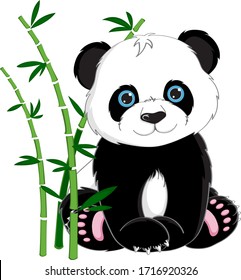 Sitting cute little panda with bamboo isolated on white background, vector illustration