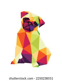 Sitzen Cute Pug Hund in buntem polygonal Low-Poly. Umarmen Sie die Illustration in bunter abstrakter Form. abstrakter Hundevektor