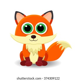 Sitting cute smiling little fox isolated on white background.
