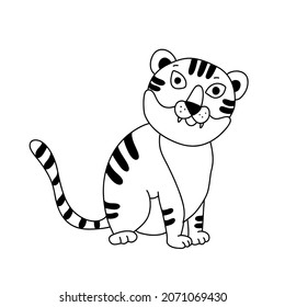 Sentando tigre lindo doodle ilustración dibujada a mano aislada en fondo blanco. Ilustración infantil, contorno negro.