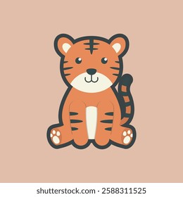 sitting cute tiger with outline flat vector design.