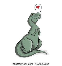 Sitting cute tyrannosaur rex with speech bubble and hearts. Hand drawn illustration of t-rex in cartoons style. Dino tyrannosaurus on white background isolated. Funny dinosaur.