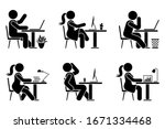 Sitting at desk office stick figure business man and woman side view poses pictogram vector icon set. Male and female silhouette seated at work, with computer, coffee, laptop, table sign on white