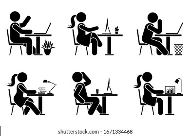 Sitting At Desk Office Stick Figure Business Man And Woman Side View Poses Pictogram Vector Icon Set. Male And Female Silhouette Seated At Work, With Computer, Coffee, Laptop, Table Sign On White