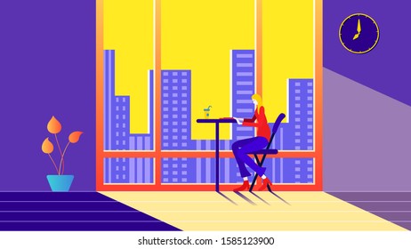 Sitting at a desk in a room with floating windows, drinking coffee, reading books, reading documents, women's Vector poster illustration background