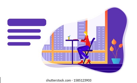 Sitting at a desk in a room with floating windows, drinking coffee, reading books, reading documents, women's Vector poster illustration background