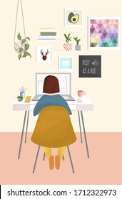 Womаn is sitting at the desk and working with laptop. Work at home illustration.  Vector flat illustration in muted, pastel tones with texture.