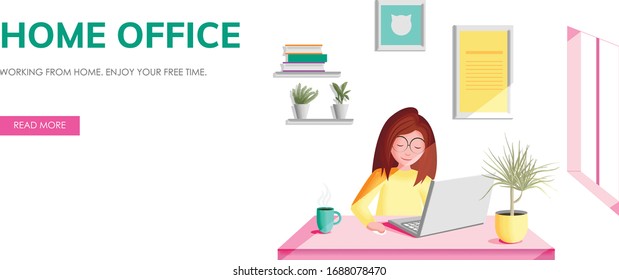 Womаn sitting at desk and working on laptops at home. Working at home illustration. Female freelance worker. Vector flat illustration with texture.