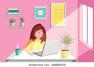 Womаn sitting at desk and working on laptops at home. Working at home illustration. Female freelance worker. Vector flat illustration with texture.