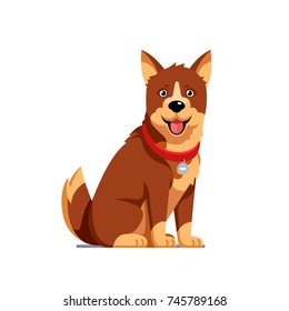 Sitting dog. Brown domestic pet wearing red collar with identification tag. Flat style vector illustration isolated on white background.