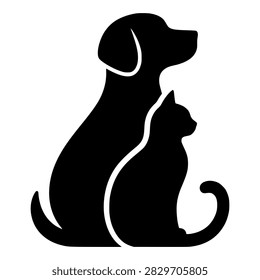 Sitting Dog and Cat Side by Side, Black Silhouette for Veterinary Clinic, Pet Shop and Grooming Salon Branding