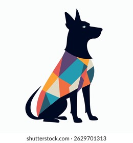 Sitting dog in colorful abstract T-shirt