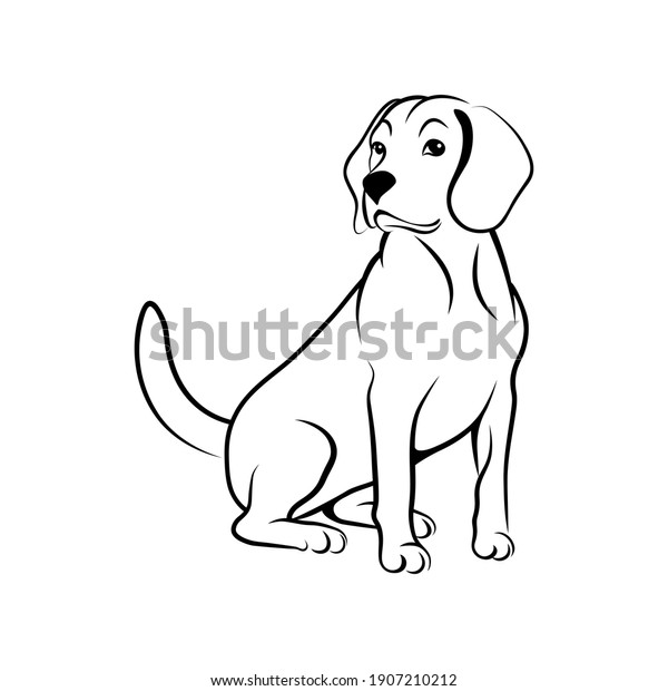 Sitting dog. Cute beagle dog in a sitting position black outline isolated on white background.