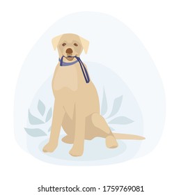 Sitting dog. Labrador. Golden Retriever. Holds a leash in his mouth. Concept in flat cartoon style. Vector illustration.