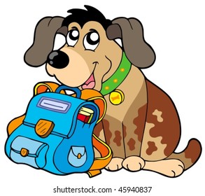 Sitting dog with school bag - vector illustration.