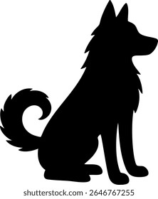 Sitting dog silhouette with pointed ears and curled fluffy tail. Vector silhouette on transparent backgrouind